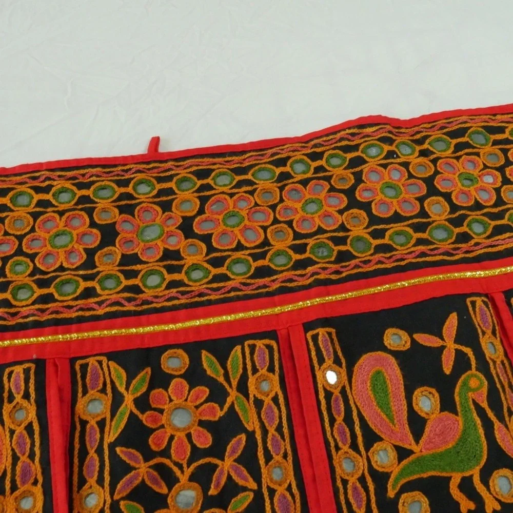 Vintage Indian Toran Door Hanging Shisha Mirror Peacock Embroidery Whimsical